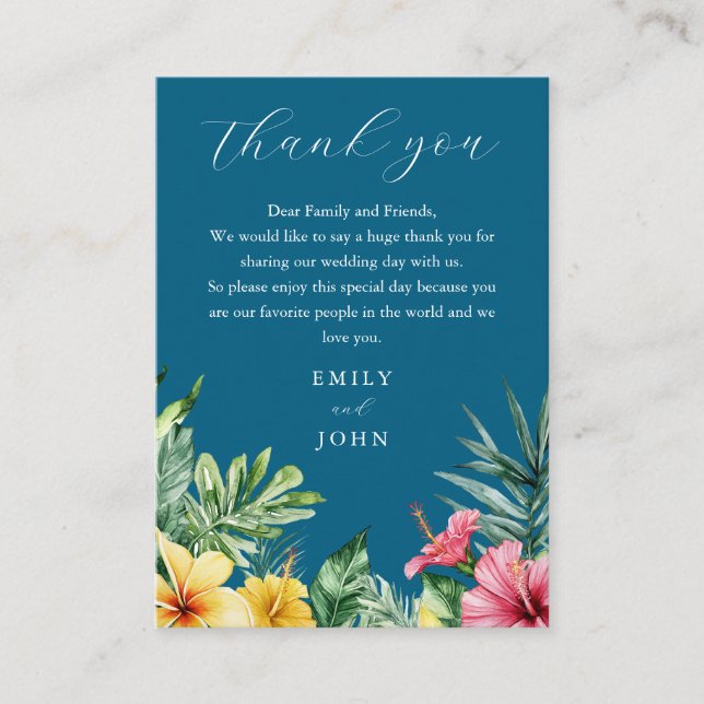 Tarjeta De Mesa Agradecimiento de Boda Flores Tropicales Azul Océa (Anverso)