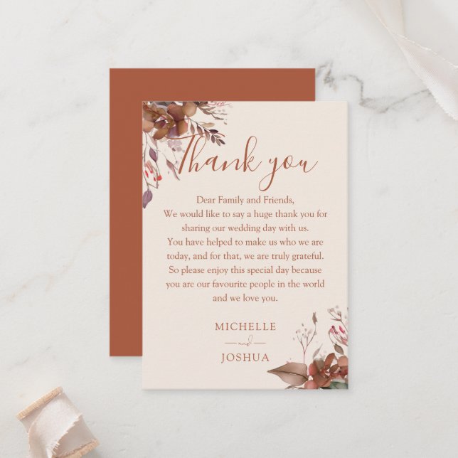 Tarjeta De Mesa Agradecimiento de Boda Otoño Floral Rústico (Anverso/Reverso In Situ)
