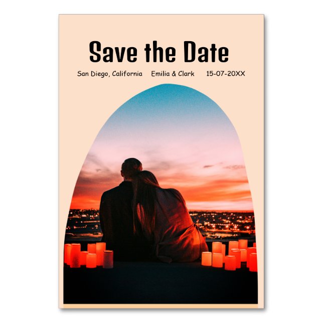 Tarjeta De Mesa ahorra la fecha boho naranja foto QR moderno (Anverso)