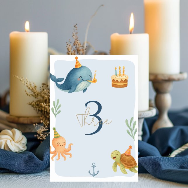 Tarjeta De Mesa Ahoy Nautical Birthday | Animales de ballena y mar (Subido por el creador)