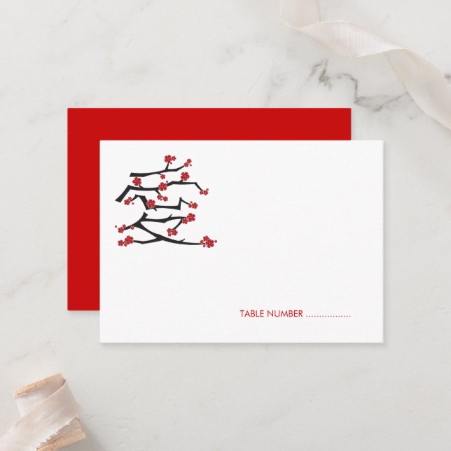 Tarjeta De Mesa Ai Chino Ama Las Flores De Cerezo Boda Sakura Rojo (Anverso/Reverso In Situ)