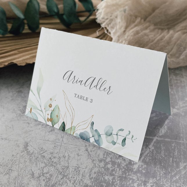 Tarjeta De Mesa Airy Greenery y Gold Leaf Boda Place Cards (Subido por el creador)