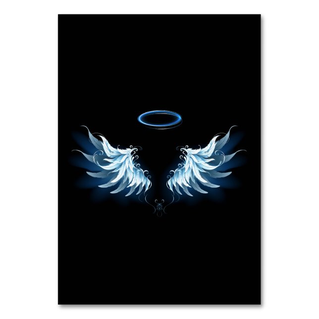 Tarjeta De Mesa Alas del Ángel Azul brillante sobre fondo negro (Anverso)