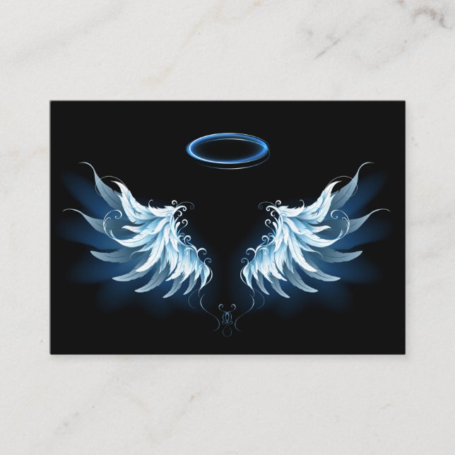 Tarjeta De Mesa Alas del Ángel Azul brillante sobre fondo negro (Anverso)