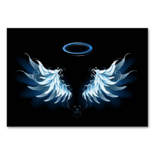 Tarjeta De Mesa Alas del Ángel Azul brillante sobre fondo negro