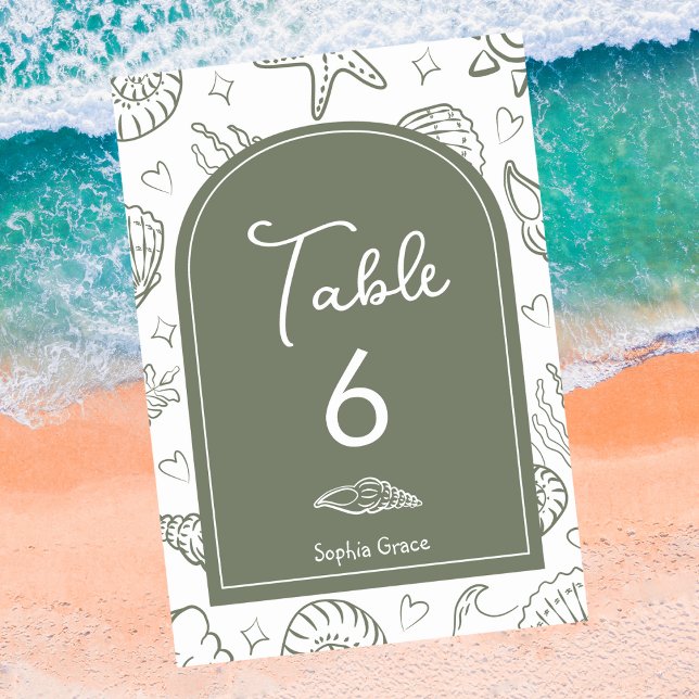 Tarjeta De Mesa All I Sea is Love Sage Green Seashells (Subido por el creador)