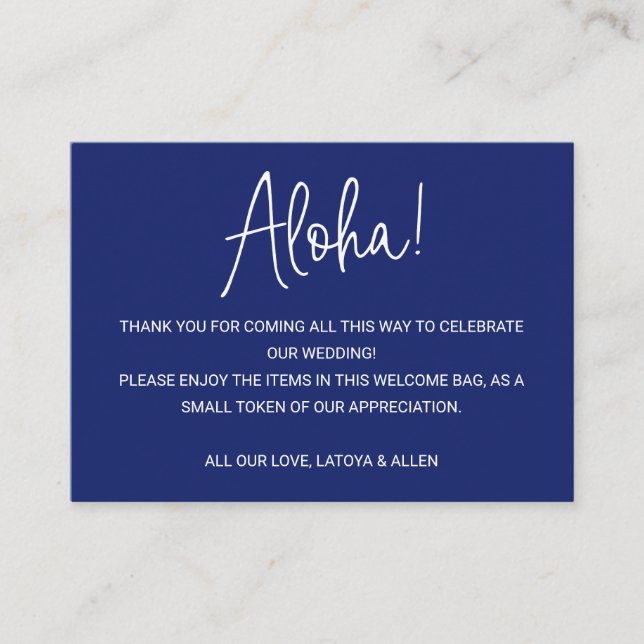 Tarjeta De Mesa Aloha Hawaii Boda Blue Welcome Bag Basket (Anverso)