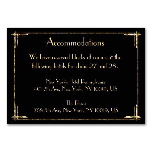 Tarjeta De Mesa Alojamiento Art Deco Boda Relieve metalizado dorad (Anverso)