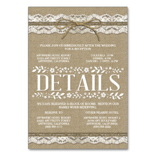 Tarjeta De Mesa Alojamiento en el Hotel Burlap Lace Wedding