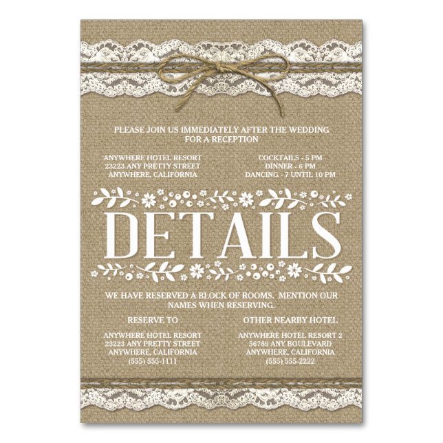 Tarjeta De Mesa Alojamiento en el Hotel Burlap Lace Wedding (Anverso)
