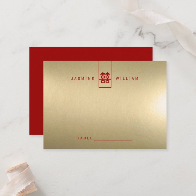 Tarjeta De Mesa Alto Rectángulo doble felicidad Boda chino (Anverso/Reverso In Situ)