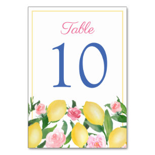 Tarjeta De Mesa Amalfi Watercolor Lemons Boda azul de cobalto rosa