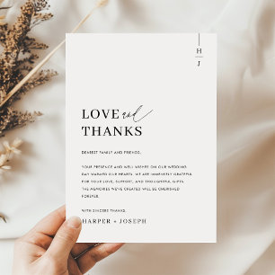 Tarjeta De Mesa Amor y Gracias Simple Elegante Boda Gracias