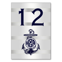 Tarjeta De Mesa Ancla Azul Plata Blanco Marina Monograma Círculo 3
