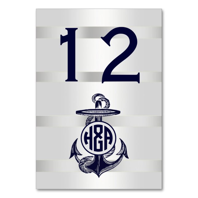 Tarjeta De Mesa Ancla Azul Plata Blanco Marina Monograma Círculo 3 (Anverso)