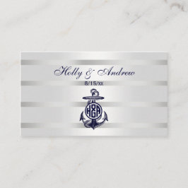 Tarjeta De Mesa Ancla Azul Plata Blanco Marina Monograma en Círcul