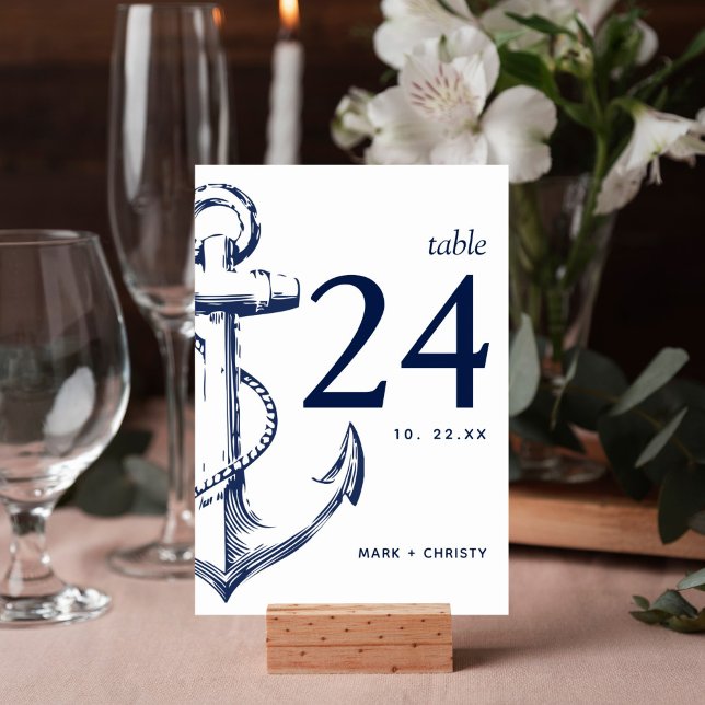 Tarjeta De Mesa Ancla de bosquejo náutico de la marina moderna (Nautical anchor beach design on this table number card is perfect for your wedding reception decor.)