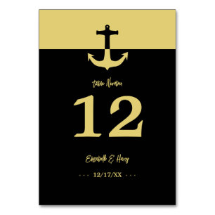 Tarjeta De Mesa Ancla Náutica - Oro Negro - Boda en la playa
