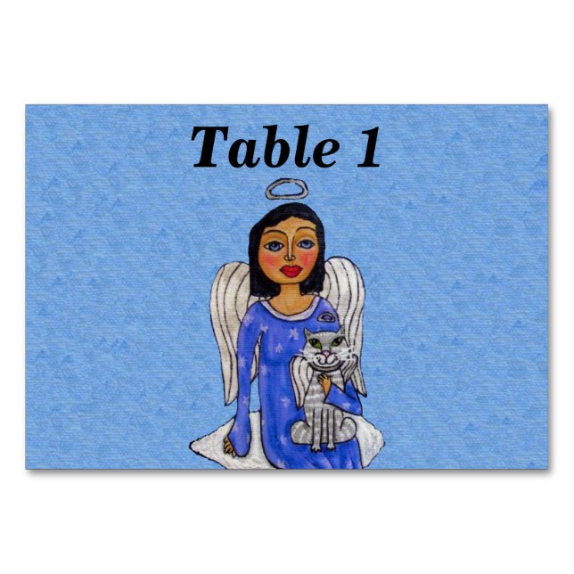 Tarjeta De Mesa Ángel de arte popular sostiene gato de ángel blanc (Anverso)