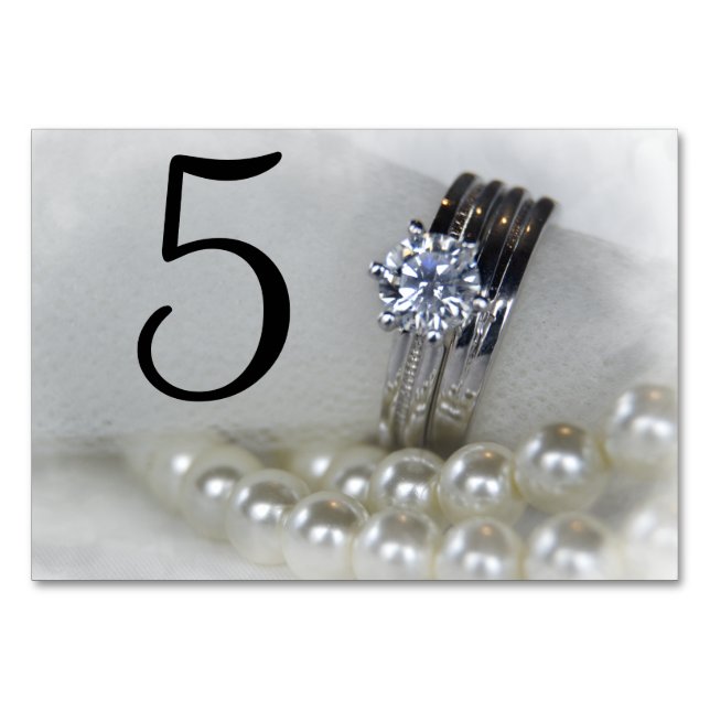 Tarjeta De Mesa Anillos de diamantes y Boda de Perlas Blancas (Anverso)