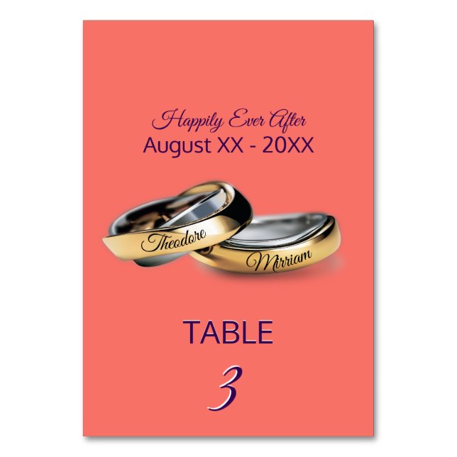 Tarjeta De Mesa Anillos dorados Monograma Coral (Anverso)