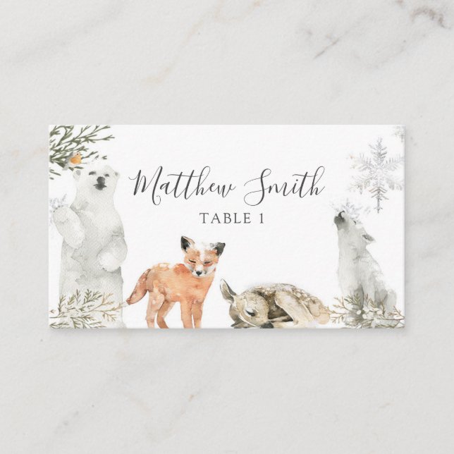 Tarjeta De Mesa Animal de Winter Onederland Woodland Primer cumple (Anverso)