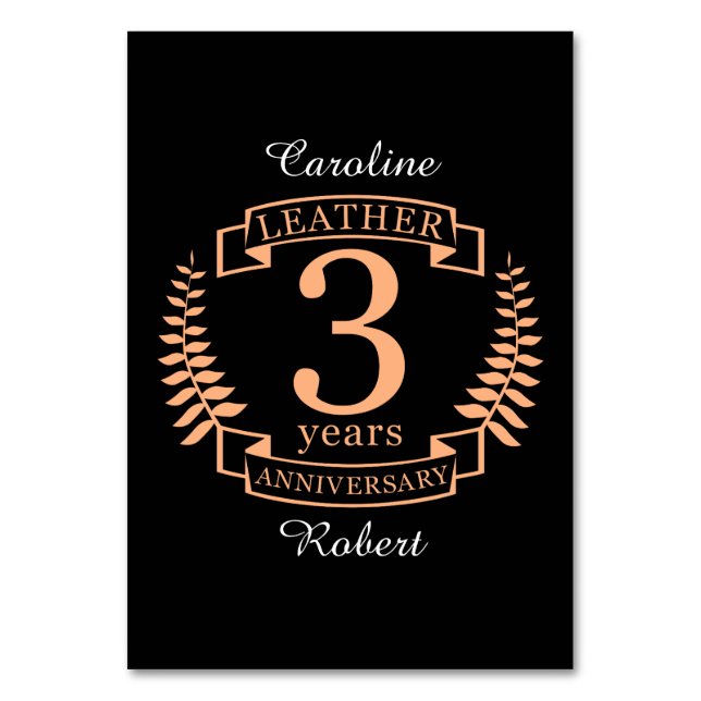 Tarjeta De Mesa Aniversario del boda de cuero de 3 años (Anverso)