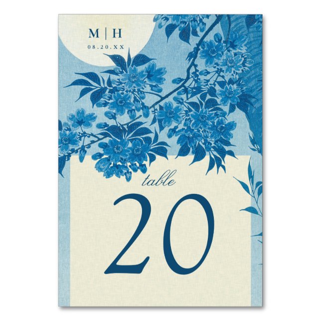 Tarjeta De Mesa Antiguo Boda japonés de flores de cerezo azul (Anverso)