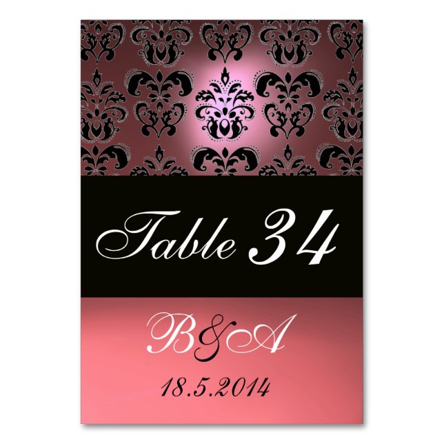 TARJETA DE MESA ANTIQUE PINK BLACK CLASSY DAMASK MONOGRAM (Reverso)