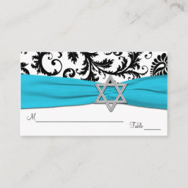 Tarjeta De Mesa Aqua, blanco, negro Damask Bat Mitzvah Placecards