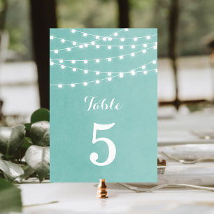Tarjeta De Mesa Aqua String Lights Boda números de tabla