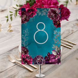 Tarjeta De Mesa Aqua Verde azulada Merlot Jewel Tone Boda Número d