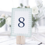 Tarjeta De Mesa Arabesque Table Number Card | Mist<br><div class="desc">Modern Moroccan inspired table number cards feature a geometric border in ethereal pale blue-green and white,  surrounding your table number in rich navy blue. Design repeats on reverse side. Coordinates with our Arabesque wedding invitation suite in Mist.</div>