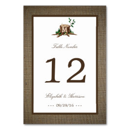 Tarjeta De Mesa Árbol de monograma rústico y Boda Burlap