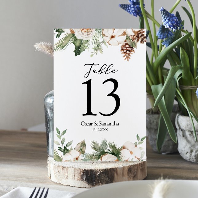 Tarjeta De Mesa Árbol de pino verde acuático y flores blancas (Subido por el creador)