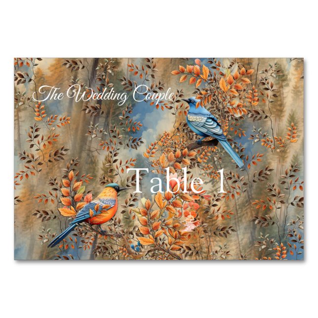 Tarjeta De Mesa Árboles altos, hojas otoñales y aves azules. (Anverso)
