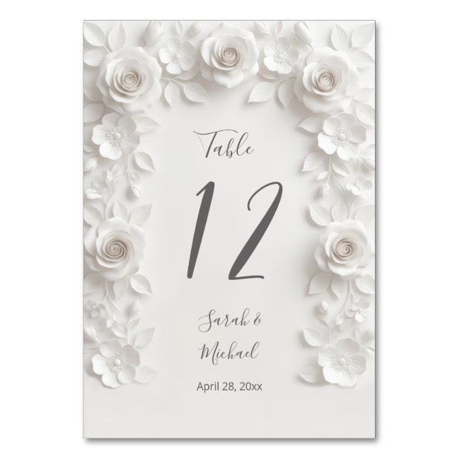 Tarjeta De Mesa Arco de flores esculpidas blancas para boda   (Anverso)