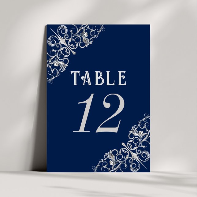 Tarjeta De Mesa Art Deco Filigree | Azul marino y gris plateado (Subido por el creador)