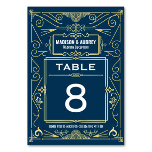 Tarjeta De Mesa Art Gold Blue Gatsby recepción de matrimonio Deco