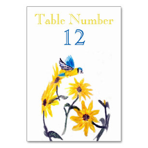 Tarjeta De Mesa Arte De Aves Florales, Girasoles Tit Azules