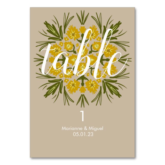 Tarjeta De Mesa Asientos de medallón amarillo boda floral (Anverso)