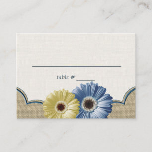 Tarjeta De Mesa Asientos Gerbera Daisy y Burlap Azul y Amarillo