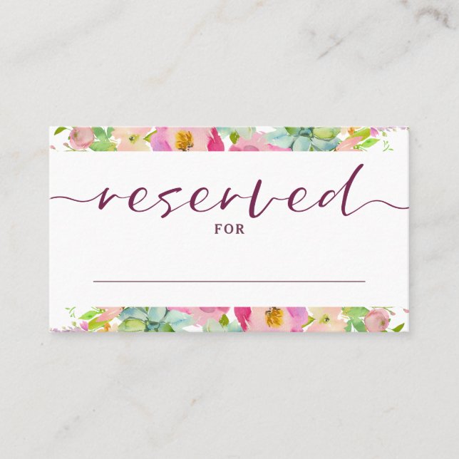 Tarjeta De Mesa Asientos Reservados de Boda con Estilo Floral Rosa (Anverso)