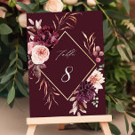 Tarjeta De Mesa Autumance Romance Gold Frame Burgundy Boda<br><div class="desc">Este número de la mesa boda tiene una flor acuarela de dahlias, rosas de jardín y peonía en hojas color burdeos rojo, marrón, rosa rubor sobre hojas caídas con un marco falso de forma de diamante dorado. Para una personalización más avanzada de este diseño, haga clic en el BOTÓN HERRAMIENTA...</div>