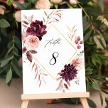 Tarjeta De Mesa Autumance Romance Gold Frame Burgundy Boda<br><div class="desc">Este número de la mesa boda tiene una flor acuarela de dahlias, rosas de jardín y peonía en hojas color burdeos rojo, marrón, rosa rubor sobre hojas caídas con un marco falso de forma de diamante dorado. Para una personalización más avanzada de este diseño, haga clic en el BOTÓN HERRAMIENTA...</div>