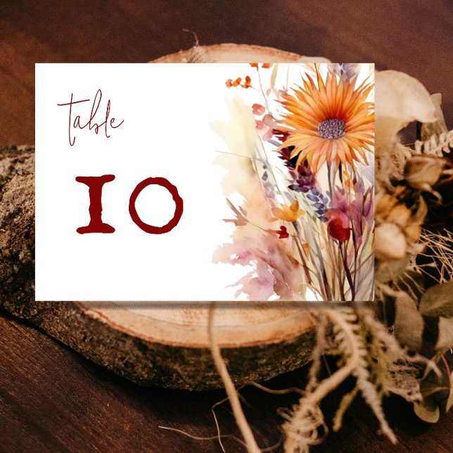 Tarjeta De Mesa Autumn Boho Floral Boda | Blanco (Autumn Boho Floral White Wedding Reception Table Number Card)