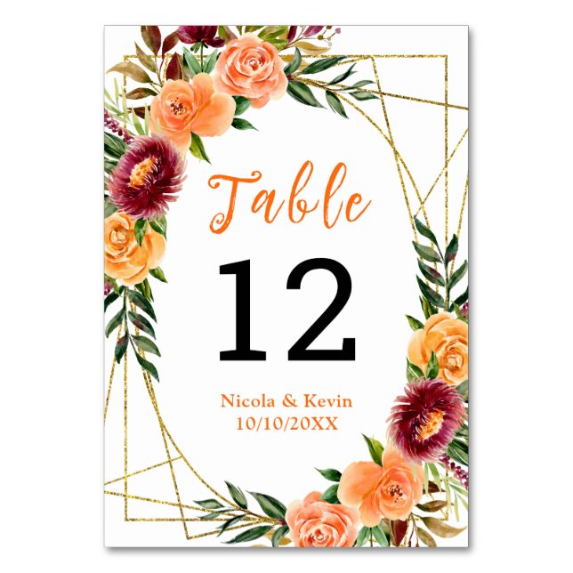 Tarjeta De Mesa Autumn Burgundy Orange Floral Wedding (Anverso)