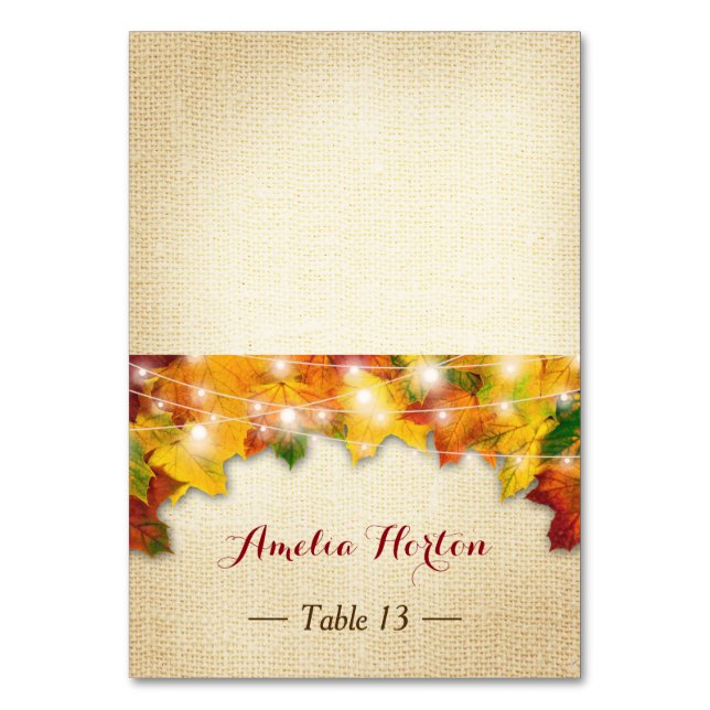 Tarjeta De Mesa Autumn Leaves Burlap Boda Place Card (Anverso)