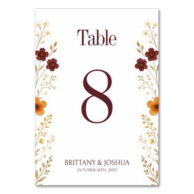 Tarjeta De Mesa Autumn Wildflower Elegant Boho Boda (Anverso)