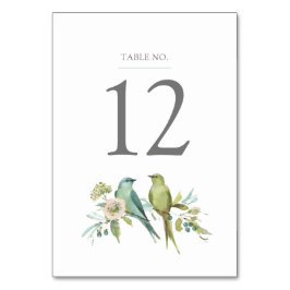 Tarjeta De Mesa Aves verdes azules Boda de acuarela botánica